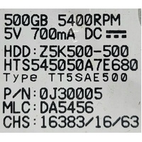 HGST 500GB 2.5 Inch SATA HDD 5400RPM H2T500854S7 Laptop Drive