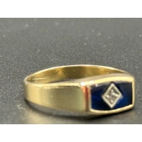 Mens 9ct Yellow Gold Blue Gemstone & CZ Ring