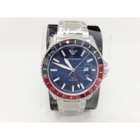 Emporio Armani Mens GMT Watch Blue Dial Red Pepsi Bezel Steel 100M