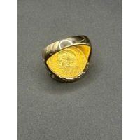 Mens 22ct Yellow Gold Round Sovereign Coin Set In 9ct Ring