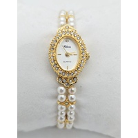 Felicia Ladies Quartz Watch Gold Tone Crystal Bezel Faux Pearl Band