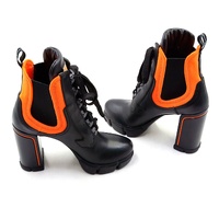PRADA Runway Leather Neoprene Ankle Boots Black Orange Lace Up EU 37.5 Block Heel