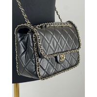 Black Quilted Quilted Calfskin Medium Running Chain Around Flap Handbag
