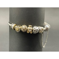 Ladies Mixed 925 Sterling Silver and 9 Carat Gold Round Bangle And Charms