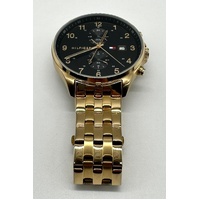 Tommy Hilfiger Mens Multifunction Watch Black Dial Yellow Gold Bracelet Quartz
