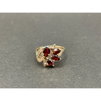 Ladies 9ct Yellow Gold Red Gemstones and Diamonds Ring