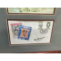 Sir Donald Bradman Signed Framed Tribute 3 Photos 2 Stamps and Career Highlights