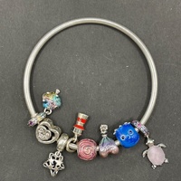 Ladies 925 Sterling Silver Round Charm Bangle