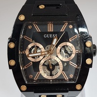 Guess Mens Rose Gold Black Silicone Multifunction Skeleton Dial Watch GW0203G8