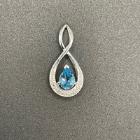 Ladies 10ct White Gold Blue Gemstone & Diamond Droplet Pendant