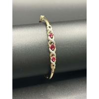 Ladies 9ct Yellow Gold Fancy Red Stone & Diamond Bangle