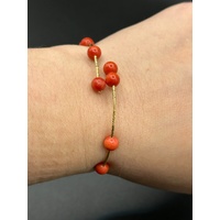 Ladies 18ct Yellow Gold Red Bead Cuff Bangle