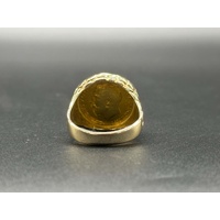 Mens 22ct Yellow Gold Round Sovereign Coin Set In 9ct Ring