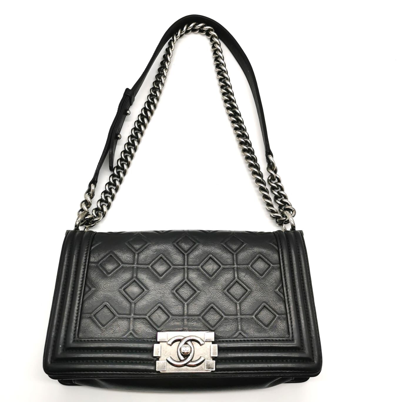 Chanel Arabesque Boy Flap Embossed Calfskin Medium Bag Silver Hardware