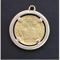 1915 Austrian Gold 1 Ducat Coin Pendant with 18K Bezel 5.8 Grams