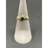 Ladies 9ct Yellow Gold Red Gemstone and Diamonds Ring