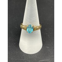 Ladies Solid 9ct Yellow Gold Blue Gemstone Ring Fine Jewellery Size UK R