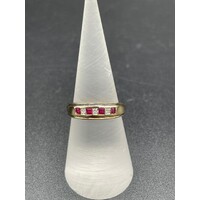 Ladies 9ct Yellow Gold 4 Red Stones & Diamond Ring Fine Jewellery Size UK N