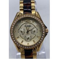 Fossil Ladies Watch Stainless Steel Gold Tone with Brown Leopard Print