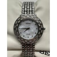 Seiko Tressia Solar Stainless Steel Bracelet Dress Watch Mother of Pearl Dial