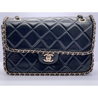Black Quilted Quilted Calfskin Medium Running Chain Around Flap Handbag