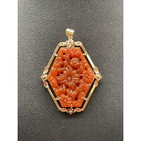 Ladies 9ct Yellow Gold Red Jade Pendant (Pre-Owned)
