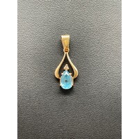 Ladies 9ct Yellow Gold Teardrop Blue Stone Pendant (Pre-Owned)