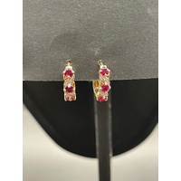 Ladies 9ct Yellow Gold Red Gemstone Huggie Hoop Earrings