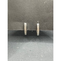 Ladies 10ct White Gold Oval Hoop Diamond Earrings