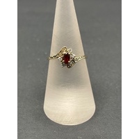 Ladies 9ct Yellow Gold Red Gemstone and CZ Ring