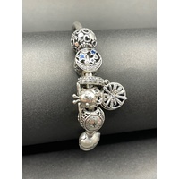 Ladies 925 Sterling Silver Round Bangle And Charms