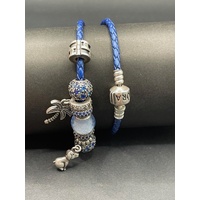 Ladies Blue Braided Leather Sterling Silver Charm Bracelet