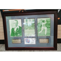 Sir Donald Bradman Signed Framed Tribute 3 Photos 2 Stamps and Career Highlights