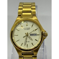 Citizen Gold Tone Stainless Steel Quartz Day Date Analog Display Mens Watch