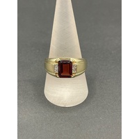 Mens 10ct Yellow Gold Red Gemstone and Diamonds Ring