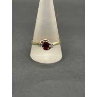 Ladies 9ct Yellow Gold Red Gemstone and Diamond Ring