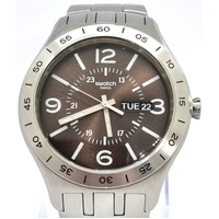 Swatch Mens Brown Dial Stainless Steel Quartz Watch Day Date Swiss Made
