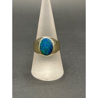 Mens 9ct Yellow Gold Blue Opal Ring