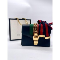 Gucci Sylvie Mini Chain Shoulder Bag Calfskin Leather Black with COA