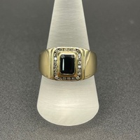 Mens 9ct Yellow Gold Black Gemstone and Diamonds Ring