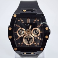 Guess Mens Rose Gold Black Silicone Multifunction Skeleton Dial Watch GW0203G8