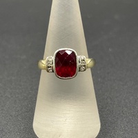 Ladies 9ct Yellow Gold Red Gemstone and Diamond Ring