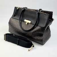 Calvin Klein Becky Triple Compartment Turnlock Tote Brown Khaki Black