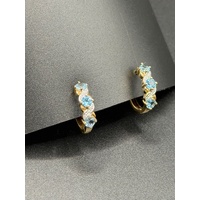 Ladies 9ct Yellow Gold Blue Gemstone & Diamond Huggie Hoop Earrings