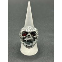 Mens 925 Sterling Silver Red Stone Skull Ring