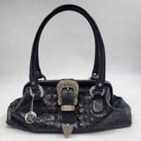 Ralph Raviani Black Leather Satchel Handbag Croc Embossed Rhinestone Buckle
