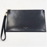 Ted Baker London Black Leather Envelope Wristlet Clutch Zip Pouch Gold Tones