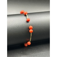 Ladies 18ct Yellow Gold Red Bead Cuff Bangle
