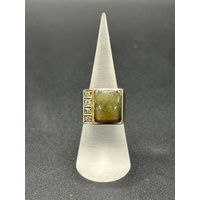 Mens 14ct Yellow Gold Green Gemstone and Diamonds Ring