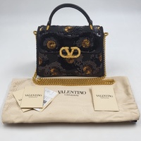 Authentic Valentino Garavani VSLING Mini Black Sequin Top Handle Bag Gold Chain
